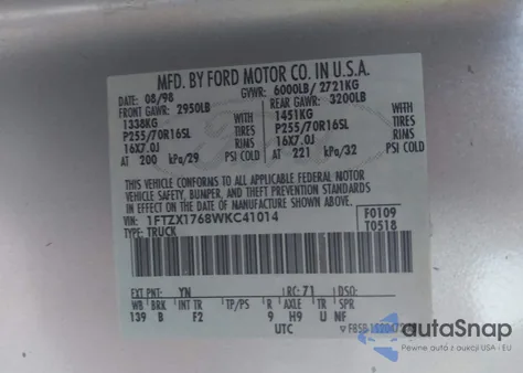 1998 Ford F-150 Lariat/Standard/Xl/Xlt from USA, damaged, VIN 1FTZX1768WKC41014